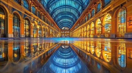 Obraz premium Nighttime arcade reflection, city center, shopping, glowing lights, architectural detail, travel