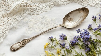 Antique silver spoon rests on lace, lavender, linen; vintage table setting