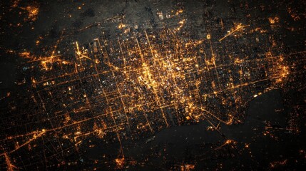 Fototapeta premium Night city aerial view, illuminated streets, dark background, urban sprawl, map graphic