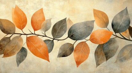 Autumnal Branch with Orange and Gray Leaves