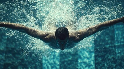 Swimmer gliding underwater, poolside, competition