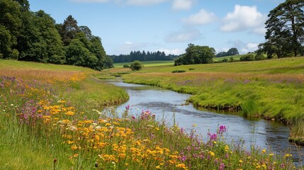 Serene river meanders through wildflowers, pastoral landscape, summer day, nature background, idyllic scene