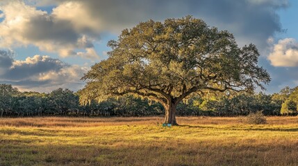 Fototapeta premium Majestic oak, golden field, sunset sky, peaceful pasture, nature scene