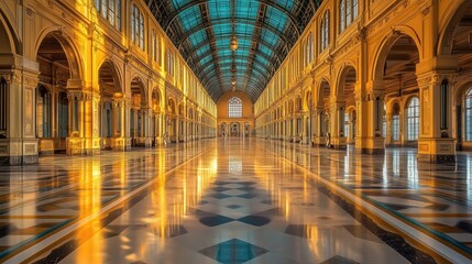 Obraz premium Sunlit grand hall, arched gallery, marble floor, city backdrop, event venue