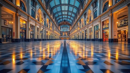 Fototapeta premium Elegant indoor market, city hall, evening, reflections, shopping