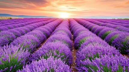Obraz premium Sunrise over Provence lavender field rows