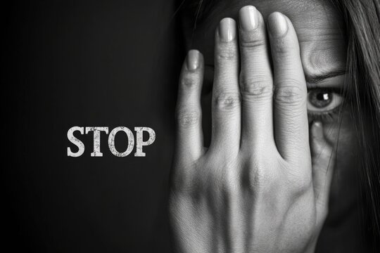 Woman in distress: arm extended, defense posture, ending violence, protection concept, emotional support, domestic abuse prevention, empowerment action, rescue mission, dignity restoration.