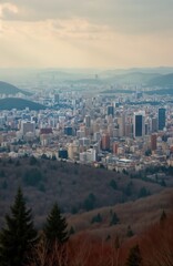 Cityscape panorama view from mountaintop. Urban sprawl stretches across valley with modern skyscrapers. Forest line sits at base of mountain. Stunning city panorama. Modern buildings, trees. Scenic