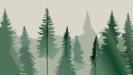 Obraz premium Foggy watercolor landscape with coniferous forest. Vector hand drawn illustration with mountains, fog, river, trees, birds and place for text. All elements, textures are individual objects