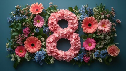 Elegant floral arrangement shaped like the number 8, perfect for Womens Day posters and greetings