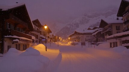 Fototapeta premium Snow-Covered Village Street at Dusk with Soft Lantern Light
