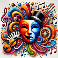 Colorful Theatrical Mask with Musical and Artistic Elements