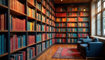 Fototapeta premium Modern library interior with colorful bookshelves. Books with vibrant covers line shelves. Cozy atmosphere with warm lighting. Relaxing reading area with comfortable chairs. Great for study