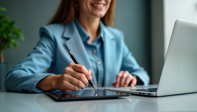 Businesswoman signs on tablet. Modern workplace setting. Efficient online transaction. Professional, confident. Technology used in business. Woman in office. Progress in work. Contemporary approach