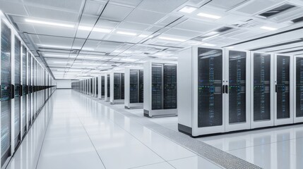 Futuristic server room data centre. Backup, hosting, mainframe, farming. 3d rendering
