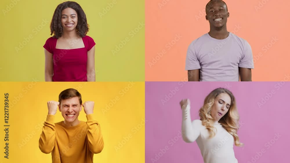 Poster four individuals display a range of joyful emotions, expressing excitement and positivity through ge