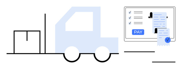 Fototapeta premium Delivery truck with parcel beside digital screen displaying payments and receipts. Ideal for logistics, e-commerce, automation, shipment tracking, digital payments, supply chain management