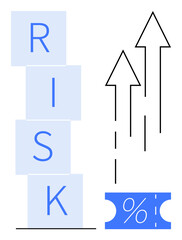 Blocks with letters RISK stacked next to upward arrows and percentage symbol. Ideal for finance, investment, analysis, forecasting, business strategy, economics, risk management. Abstract line flat