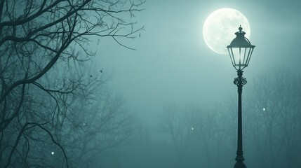A serene night scene featuring a lamppost under a full moon amidst foggy trees.