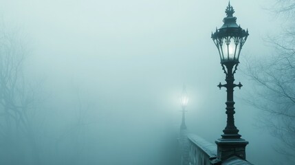 Fototapeta premium A foggy scene with vintage street lamps illuminating a misty path.