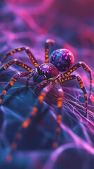 Captivating close up image of a spider or other arachnid creature in vivid neon purple blue and pink hues  The intricate patterns