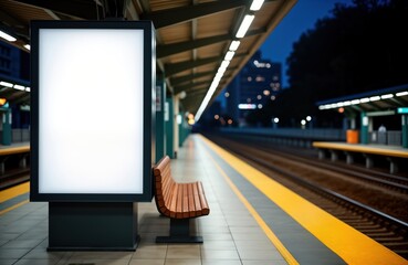 Empty billboard at train station at night. Wooden bench beside. Urban setting. City lights visible in background. Waiting area for commuters. Nighttime scene of public transport facility. Modern