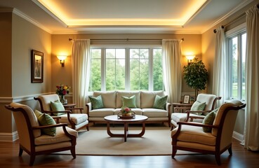 Fototapeta premium Modern nursing home common area offers comfortable seating, warm lighting. Plush furniture, natural decor create welcoming environment for residents, visitors. Large windows provide plenty of natural