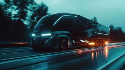 Obraz premium Futuristic truck driving on the road with motion blur background, transportation and logistics concept