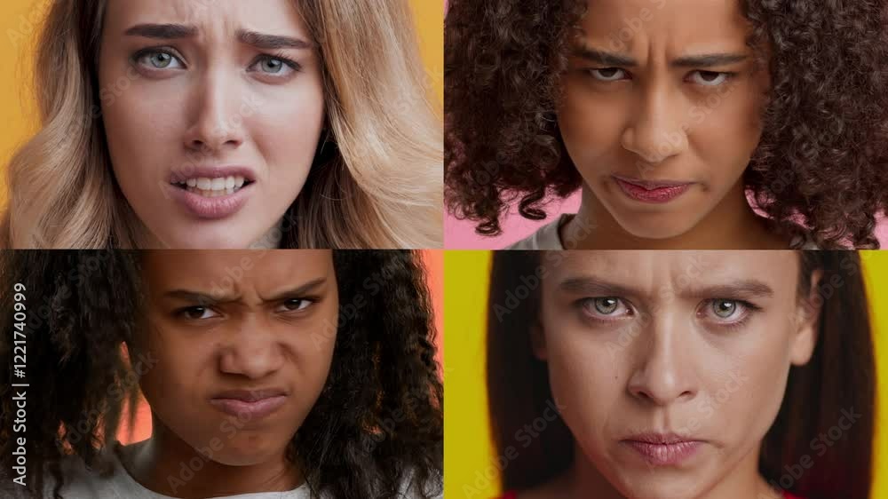 Poster four diverse individuals display a range of intense emotions. each person embodies various feelings,
