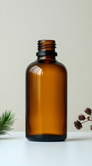 Amber glass bottle, product display, minimalist background