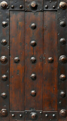 Fototapeta premium Antique Wooden Door, Metal Studs, Close-up