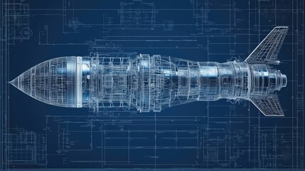 Futuristic turbine engine blueprint in holographic design