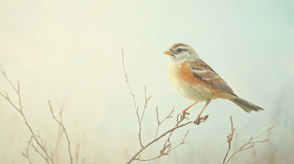 A soft watercolor artwork of a bird with earthy tones like ochre and olive green, perched on a small branch with sparse foliage. The composition features gentle washes and fine details