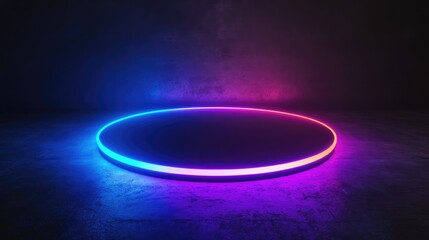 Futuristic virtual technology concept with neon lights in dark room. 3D Rendering Mock up