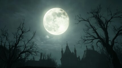 A full moon illuminates a dark, eerie landscape featuring a silhouette of a castle and bare trees.