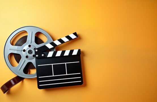 Film reel, movie clapper on orange background. Cinema tech concept. Retro vintage movie studio scene. Film production art. Vintage film reel, clapper board props. Classic movie studio tech objects.