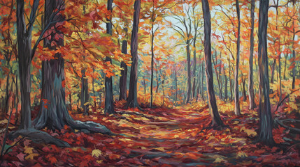 Obraz premium A dense autumn forest, maple leaves in shades of red