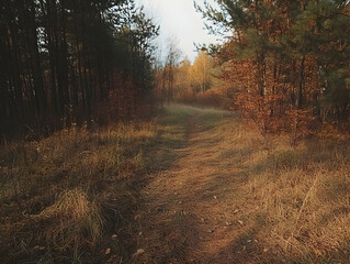 Autumn forest path, sunlight, leaves