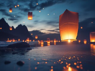 Obraz premium Many glowing sky lanterns rise into dark night sky - ai
