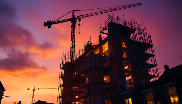 Construction site at dusk with silhouetted crane against colorful sky - Progress and transition - suitable for architecture blogs, construction websites, or as background images