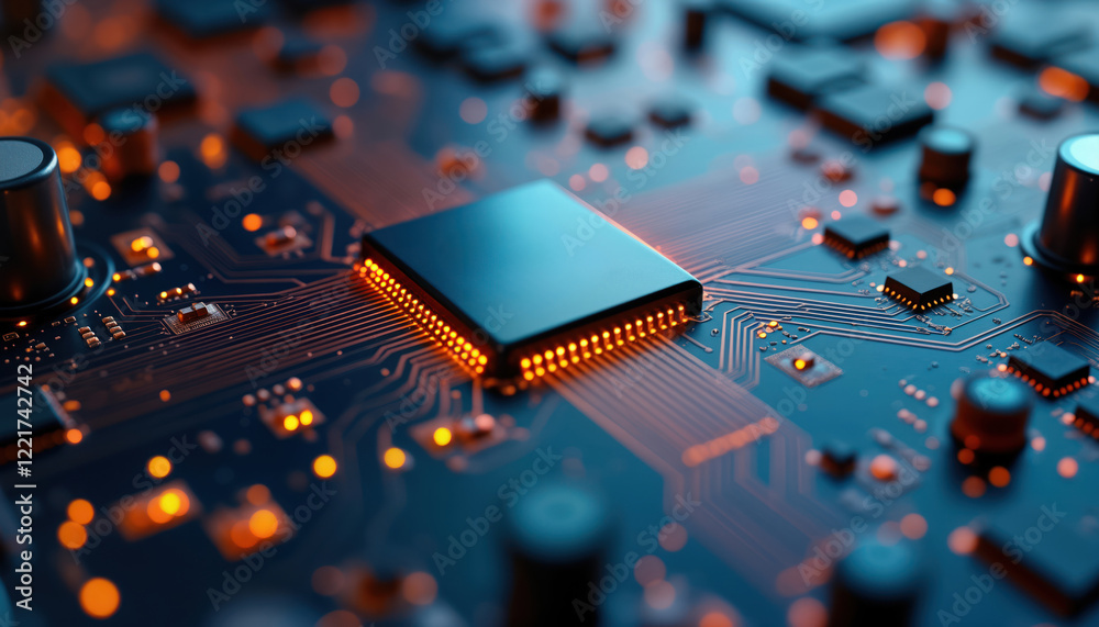 Poster modern circuit board with central processor. advanced tech components illuminate. intricate copper t
