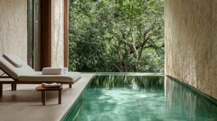 A serene indoor pool area with a lounge chair, surrounded by lush greenery.