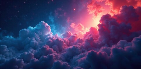 Fototapeta premium Iridescent space clouds in shades of blue and red shimmering amidst cosmic dust, cosmos, red