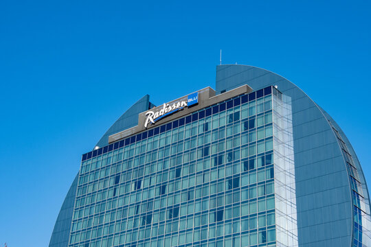 modern Radisson Blu hotel building, travel hospitality, sleek glass facade and iconic blue logo in Frankfurt - January, 19, 2025