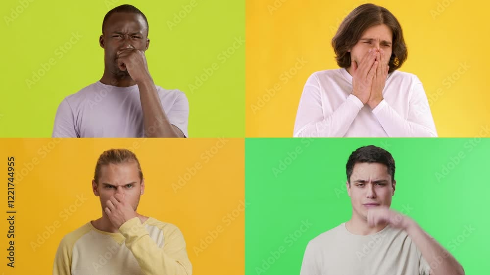 Poster four individuals from different backgrounds showcase a range of emotions against vibrant backgrounds