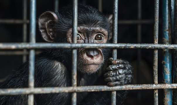 Baby monkey caged, looking sad, dark background, animal welfare concept