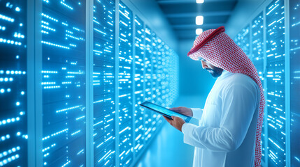 Technician working in a data center with digital screens