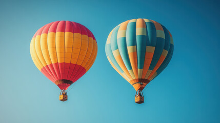 Colorful hot air balloons soaring in clear blue sky create vibrant scene of adventure and freedom. bright colors evoke joy and excitement
