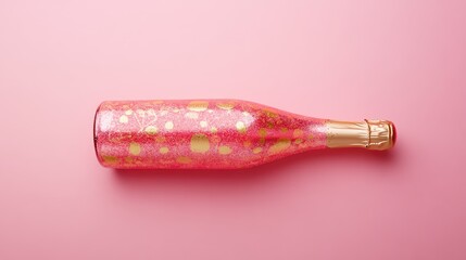 generic pink and gold champagne bottle with golden glitter on a pink background flat lay with copy space