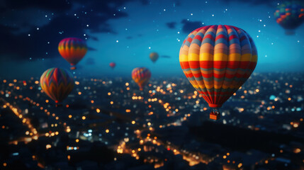 Fototapeta premium Colorful hot air balloons floating over city at night, illuminated by city lights and starry sky, creating magical and serene atmosphere